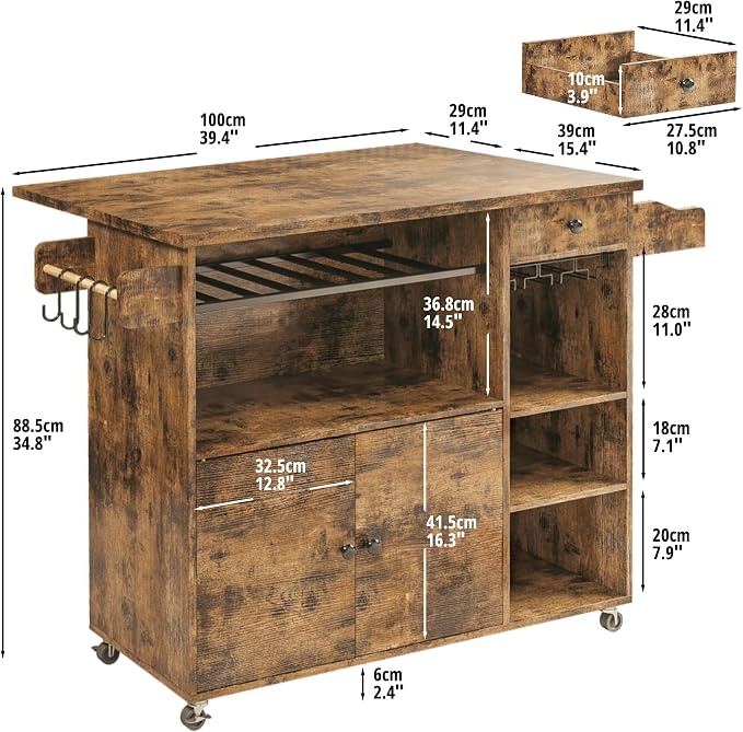 IRONCK Kitchen Island Cart with Wheels for Kitchen and Dining Room | Wine Rack, Drawers, Open Shelves, Storage, Drawer space
