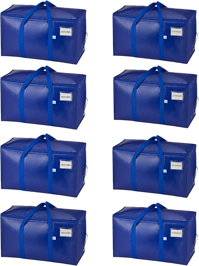 VENO 8 Pack Heavy Duty Moving Bags, 90L Extra Large Packing Storage Totes, 50lbs Load, Reinforced Handles, Zippers & Tag, for College Dorm Essentials, Clothes, Bedding (Blue)