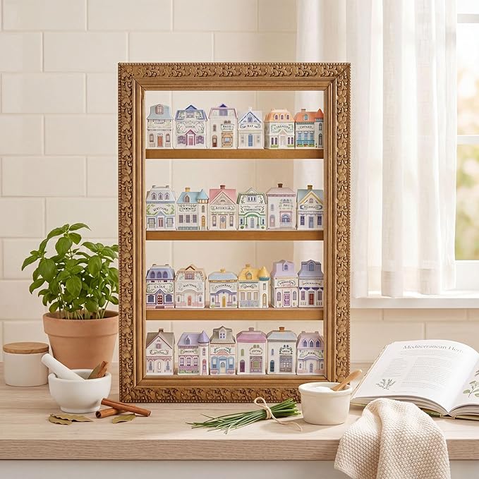 Chunful Vintage Wooden Spice Rack for 24 Jars Gold Ornate Frame Village Style Hanging Spice Shelf Wall Mounting Kitchen Storage Display Shelf Holiday Decorative Kitchen Decoration