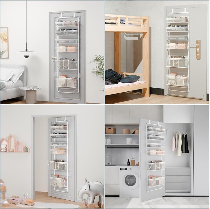 Whitmor Over The Door Organizer Storage, 6 Tier Hanging Door Organizer with Metal Frame & Mesh Baskets, Heavy Duty Behind Door Storage for Pantry, Bathroom, Closet, 17.7"W x 7.9"D x 67"H, White