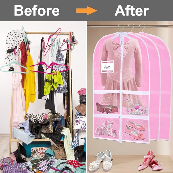 WJWSKI Pink Kids Dance Garment Bag for Hanging Clothes,37 Inch Waterproof PVC Travel Garment Bag with 3 Pockets for Dance Costumes,Sports,Skating,Theatre,Beauty Pageants & More