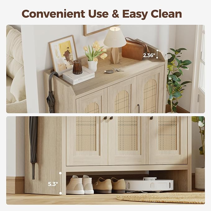 Mericonia Rattan Shoe Storage Cabinet, Farmhouse Shoe Cabinets Storage for Entryway, Boho Wooden Shoe Rack with 3 Doors for Entryway, Hallway (Oak, 3 Door)