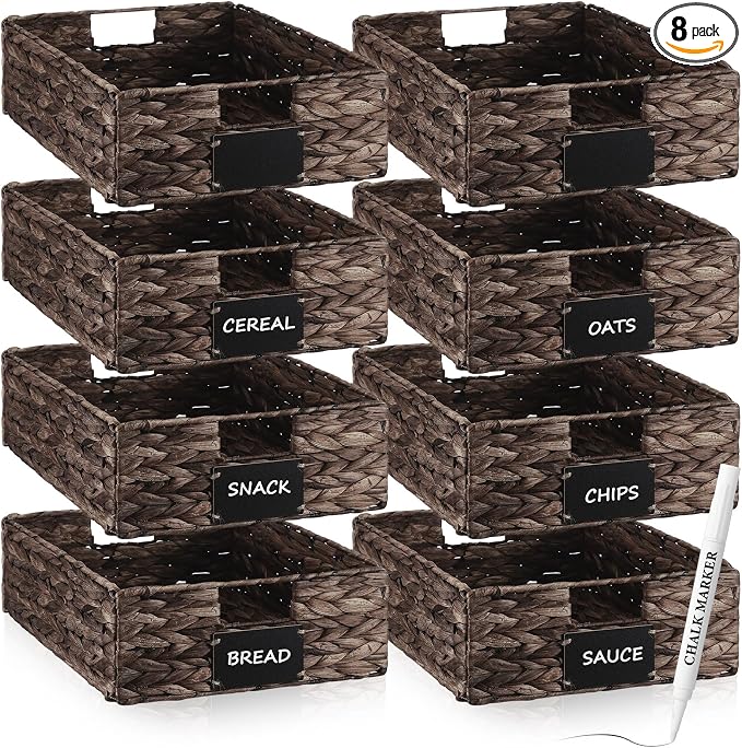 Nitial Wicker Storage Basket, Rectangular Water Hyacinth Storage Basket for Shelving, Foldable Woven Pantry Organizer with Chalkboard Label and Chalk Marker(16 x 12 x 5 Inch,Dark Brown)