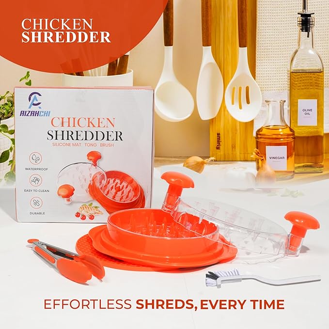 Large Chicken Shredder Tool Twist Equipped with Middle Tray, Including 1 x Anti-slip Silicone Mat, 1x Kitchen Tongs and 1x Cleaning Brush, Suitable for Pork Beef‬ Chicken‬ Breast (Orange)