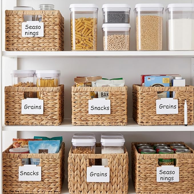 32Pcs Basket Labels Clip On Set - Include 30 Clip On Labels for Storage Bins with 2 Chalk Markers, PVC Removable Label Holders Basket Tags Label Clips for Kitchen Pantry Storage Bin (White)