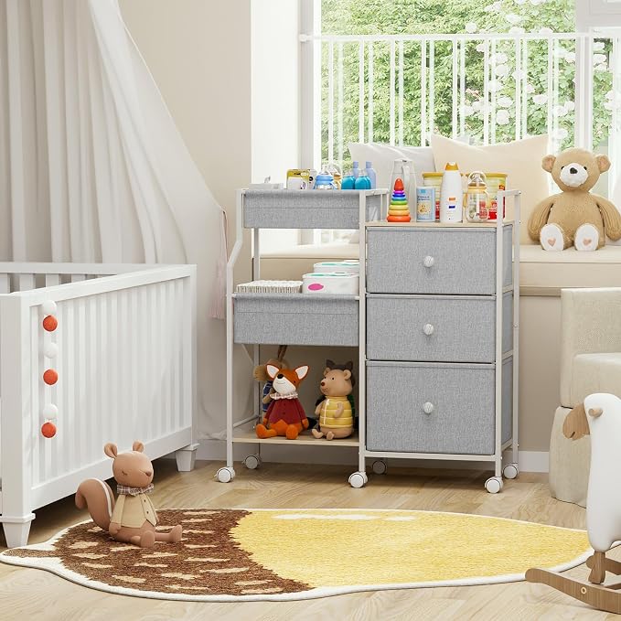Modanais Baby Organizer and Storage - 3 Tier Rolling Cart with Dividers and Drawers, Easy To Assemble, Mobile Utility Cart with Wheels for Nursery, Bedroom, Changing Table & Crib,Light Gray