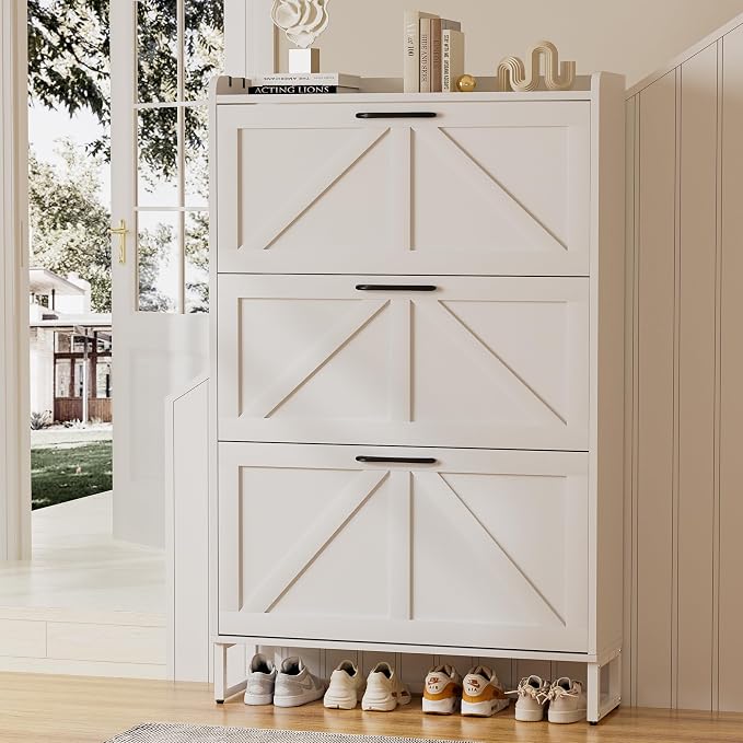 EOYUTLLY Shoe Cabinet Storage for Entryway, Narrow Shoe Rack with 3 Flip Drawers, Freestanding Hidden Shoe Rack Storage Organizer, Slim Shoe Cabinet White with Metal Legs