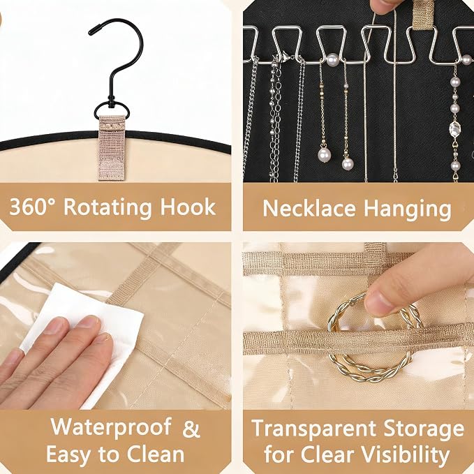 Hanging Jewelry Organizer, 1Pcs Large Double-Sided Jewelry Storage Roll with 48 Pockets and 21 Hooks for Necklaces Earrings Rings, Over the Door Jewelry Organizer with Hanger for Closet Wall