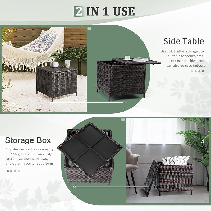 VINGLI 27 Gallon Outdoor Deck Box, Wicker Outdoor Storage Box with Lid, Small Storage Bin Container for Outside and Patio, Patio Rattan Side Table for Yard Porch (Brown, Square)