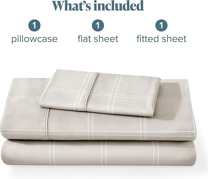 Bare Home Twin Sheet Set - Luxury 1800 Ultra- Soft Double Brushed Microfiber - Deep Pockets - Easy Fit - 3 Piece Bedding Sheet Set (Twin, Modern Plaid - Stone/White)