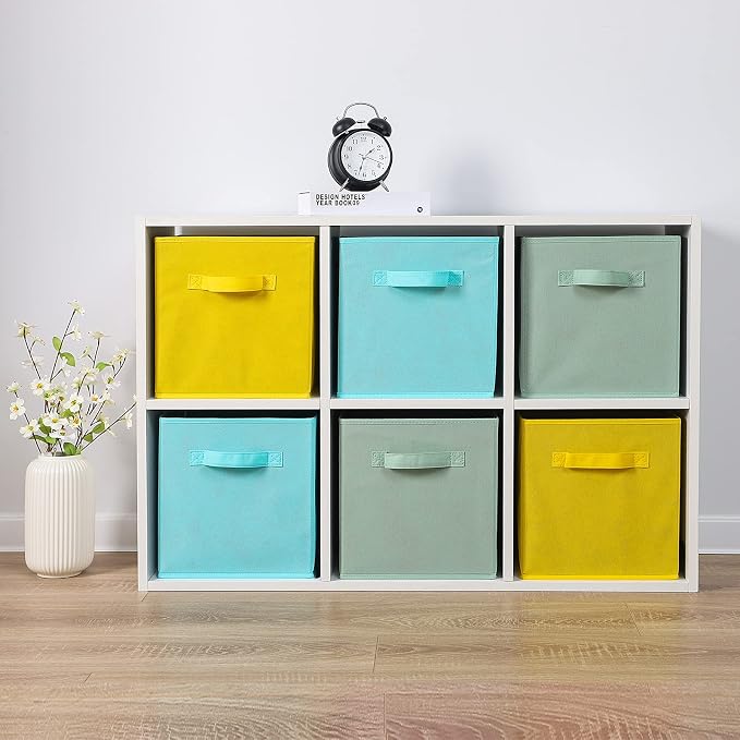 Stero Fabric Storage Bins 6 Pack Fun Colored Durable Storage Cubes with Handles Foldable Cube Baskets for Home, Kids Room, Closet and Toys Organization Cyan, Green, Yellow