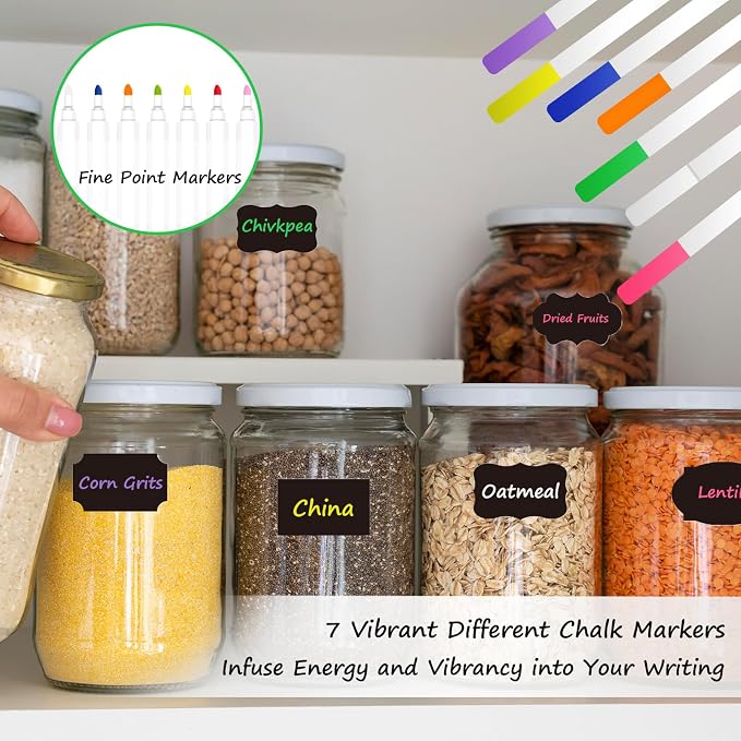 HERDIN Chalkboard Label Stickers, 120-Pc Set with 7 Markers | 120 Labels, 7 Markers, 3 Sizes, 8 Shapes, Waterproof Writing Surface, Pantry Jars, Food Containers, Storage Bins, Mason Jars