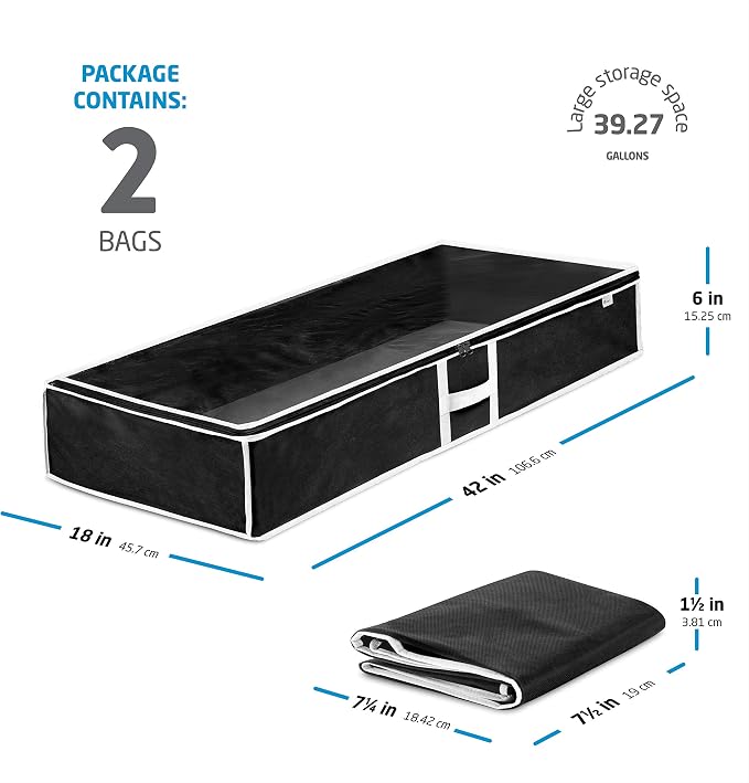 Zober Under Bed Storage - Pack of 2 Storage Containers for Clothes, Blankets, Winter Clothing, & Shoes - With Handles, Dual Zippers, & Clear Top (Black)