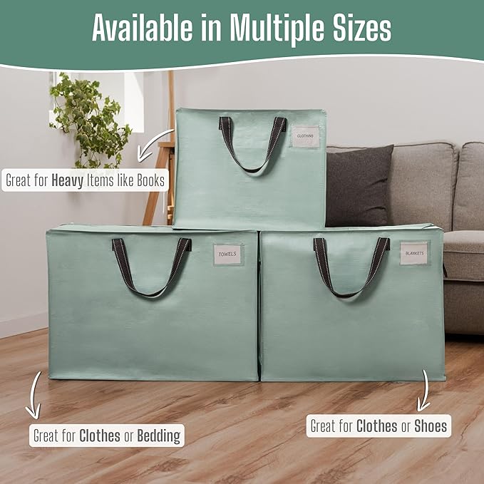 VENO 4 Pack Heavy Duty Moving Bags, Storage Bags, Packing Supplies, Top Zipper, Storage Totes for Camping, Clothes, Bedding, Comforters, Pillows (13 Gallon Light Green, 4 Pack)