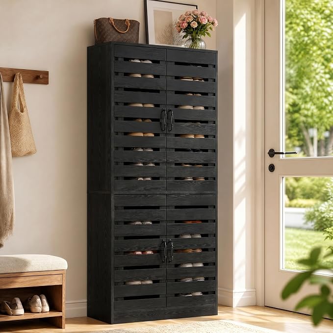 Tribesigns 71 in. Tall Shoe Cabinet with Doors,9-Tier Rustic Black Wood Vertical Shoe Storage with Adjustable Shelves and Metal Handle for Entryway,Living Room,Hallway