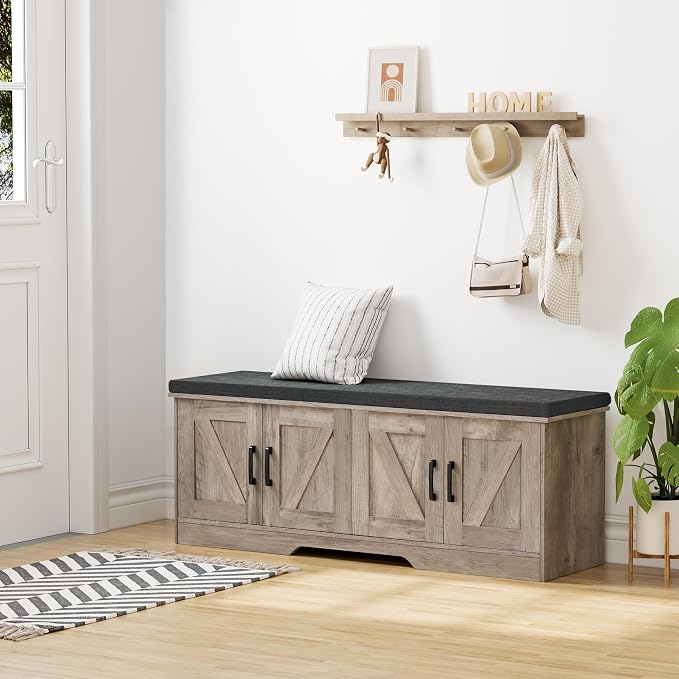 HOMSHO Farmhouse Shoe Storage Bench with 4 Barn Doors & Padded Seat Cushion | 47.2" Wide Entryway Bench with Adjustable Shelves & Hidden Storage, Greige