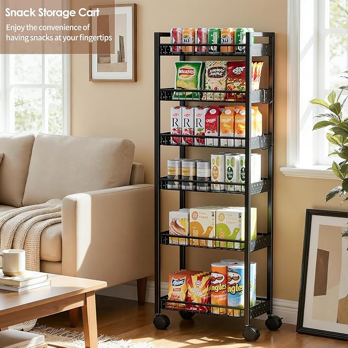 6 Tier Slim Storage Cart, Narrow Rolling Cart with Wheels, 6in(W) | Narrow Mobile Utility Shelf Unit Organizer for Kitchen, Bathroom, Laundry Room, Living Room, Small Places, Black