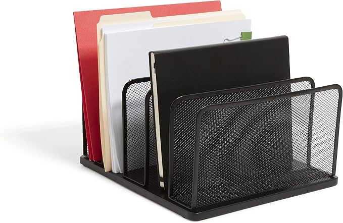 TRU RED Wire Mesh File Organizer, 5‑Compartment, Matte Black – Vertical Desktop Sorter for Files, Folders & Mail