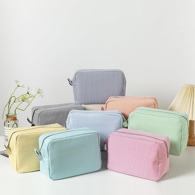 Large Capacity Striped Pencil Case Cosmetic Bag with Zipper Portable Stationery Organizer Pouch for School Students Teens Travel Toiletry Bag (Yellow)