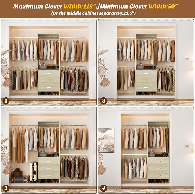 Aheaplus Closet System, Closet Organizer with 3 Wooden Drawers, Closet Organizer System, Walk-in Closet Wardrobe Clothes Rack with 4 Hanging Rods, Garment Rack, -4R,White Oak