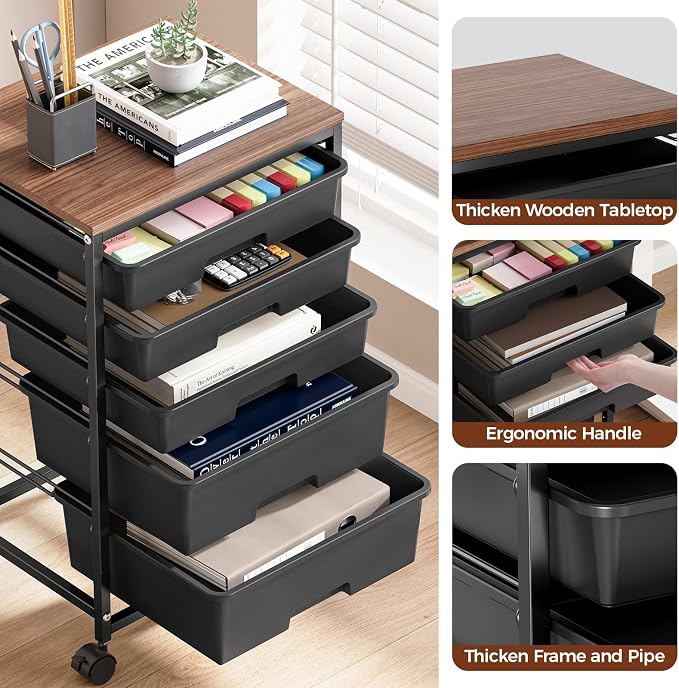 SYKIARIOL 5-Tier Rolling Utility Storage Drawer Craft Cart on Wheels with Wooden Tabletop, Mobile Craft Storage Drawer Cart Trolley for Home Office, Classroom, Craft Room & Kid Room, Black