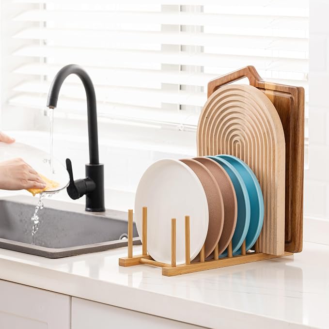 HBlife 4pcs Heighten Bamboo Wooden Dish Drying Rack Plate Pot Lid Organizer | Plate Bowl Cup Book Pot Lid Cutting Board Stand, Drainer Storage Holder Organizer, For Kitchen Cabinet, 8 Slots