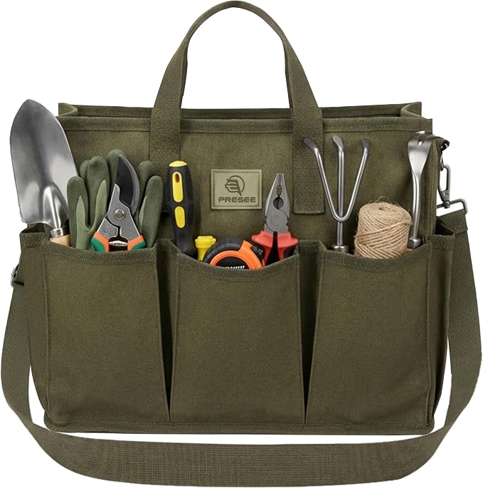 Portable Garden Tool Bag, Canvas Organizer with Adjustable Strap – Green