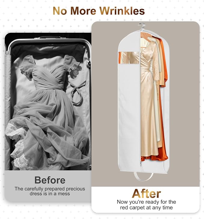 MISSLO 72" Wedding Dress Garment Bag for Travel Waterproof Dress Bags for Gowns Long 4" Gusseted Dresses Protector Bag for Closet Storage Clothing Covers for Hanging Clothes, White
