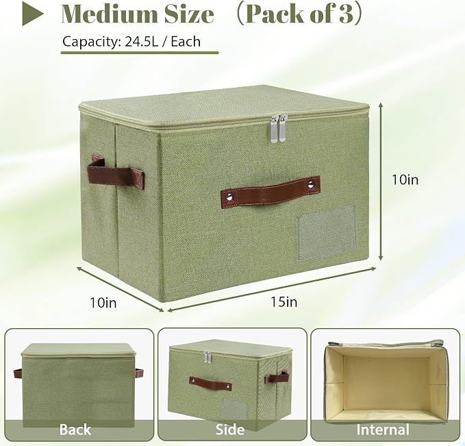 ANMINY Fabric Storage Box Bins with Zipper Lid, Washable Green, 3PCS | Cotton Linen Fabric, PP Board Frame, Label Holder, Stackable & Foldable, PU Handles, Dual-Zipper 3-Side Open Lid, Medium