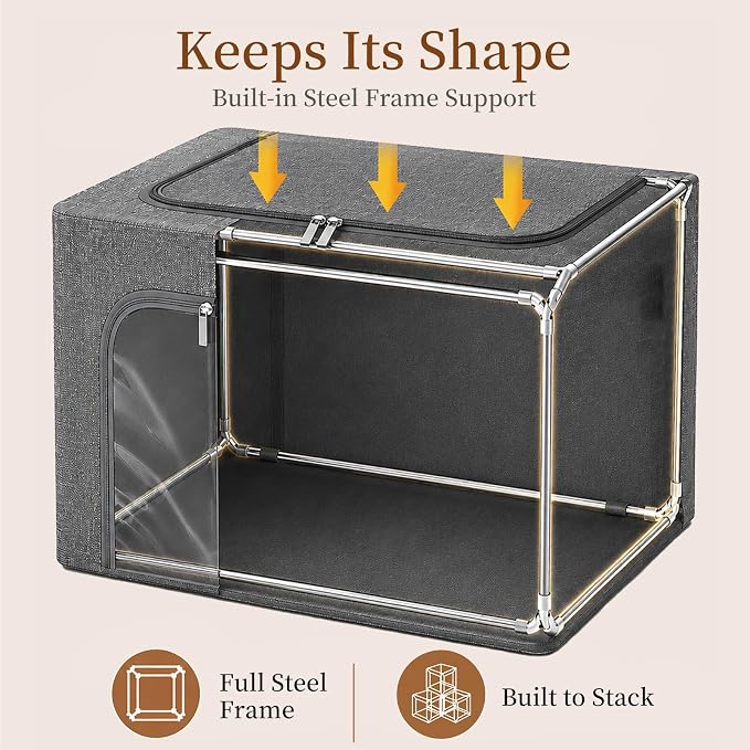 GoMaihe 3 Opening Clothes Storage Bins with Metal Frame, 66L Blanket Storage Organizer for Walk-in Closet Large Storage Boxes with Clear Window for Bedding Winter Clothing 3-Pack Grey