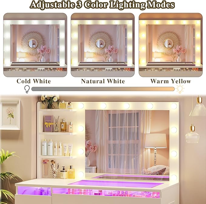 HUAHUU Vanity Desk with Lighted Mirror & Transparent Top, Makeup Vanity Desk with 4 Transparent Drawers and RGB Lighting, Built-in Power Outlet, 3-Tier Side Shelves & Storage Organizer for Bedroom