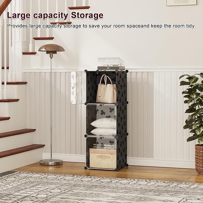 C&AHOME Cube Storage Organizer with Doors, 3-Cube Shelves, DIY Plastic Modular Bookshelf, Closet Clothes Storage Shelving Ideal for Bedroom, Living Room, Clover Embossed, Black