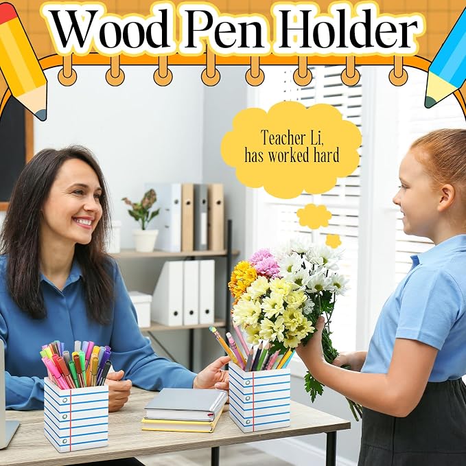 Sherr 2 Pcs Wood Pencil Holder Pen Holder for Classroom Back to School Notebook Pencils Cup Wooden Dispenser Storage Crayon Organizer for Teacher Students First Day School Gifts Office Desk