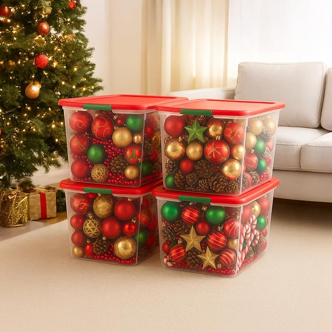 HOMZ 4-Pack Secure Latch, Clear Plastic Storage Organizer Bins, 64 Quart, Red Lid - Stackable Container Boxes for Bedroom, Bathroom, Garage, and Office Organization
