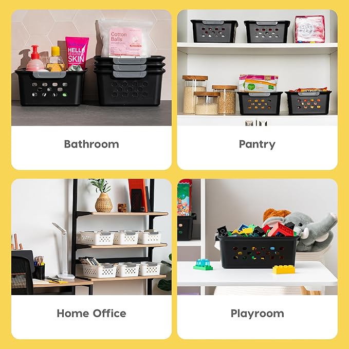 IRIS USA 6-Pack, Small Plastic Storage Basket, Black | Organize pantry items, office supplies, crafts, accessories, and household essentials with easy-carry storage for shelves