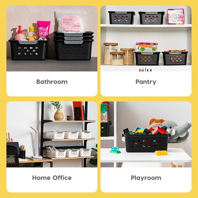 IRIS USA 12-Pack, Small Plastic Storage Basket, Black | Organize pantry items, office supplies, crafts, accessories, and household essentials with easy-carry storage for shelves