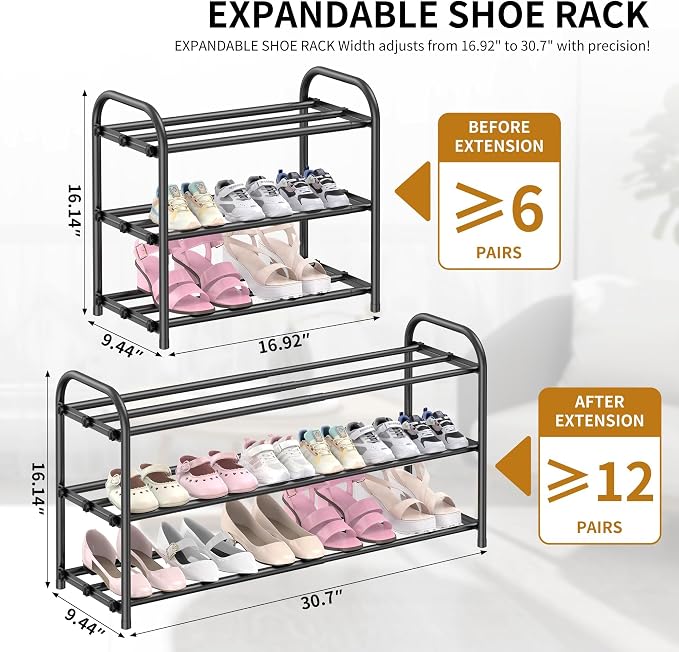 Hleelomi 3-Tier Expandable Shoe Rack for Entryway，Adjustable Metal Shoe Organizer for Closet,Living Room,Dorm,Black