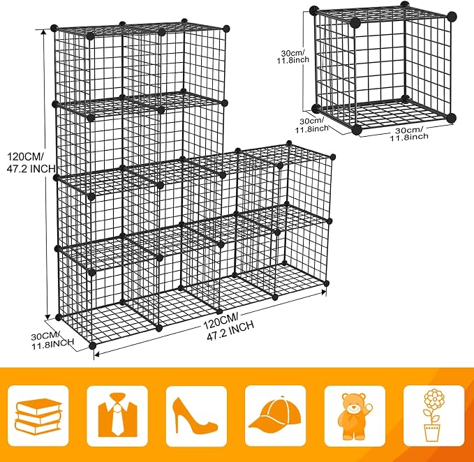 HUBSON Wire Cube Storage Organizer, Book/Toy/Craft/Potted Plants and petCloset Organizers and Storage Shelves, 12-Cube Freely Combinable Metal Grids Storage Shelf,Black Iron