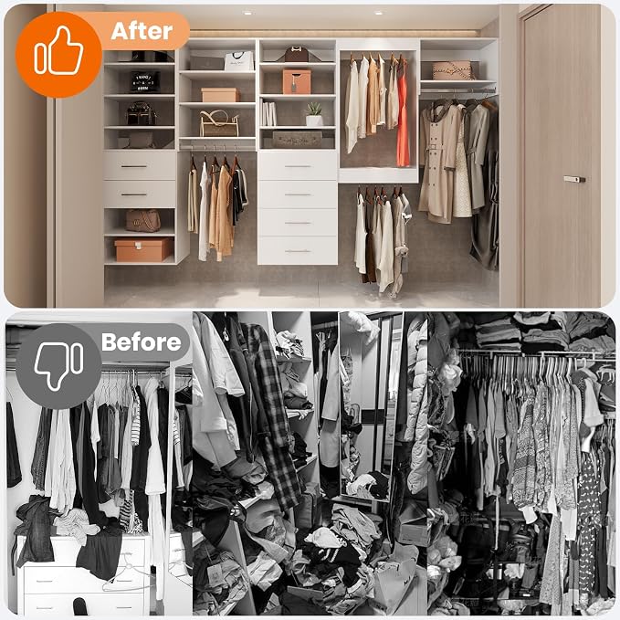 ROOMTEC Modular Closet System, 66" Closet Organizer with Hanging Rods, Wall-Mounted Wooden Tower for Walk-In Closets, Wardrobe Storage Kit, White
