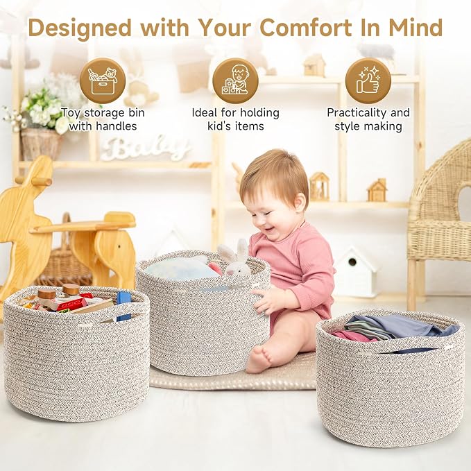 Small Rope Baskets for Storage, Baskets for Gifts Empty, Cute Round Woven Basket, Decorative Shelf Baskets 9.82×9.82×7.1", Cotton Toy Basket Storage Bins for Organizer 3 Packs-Brown