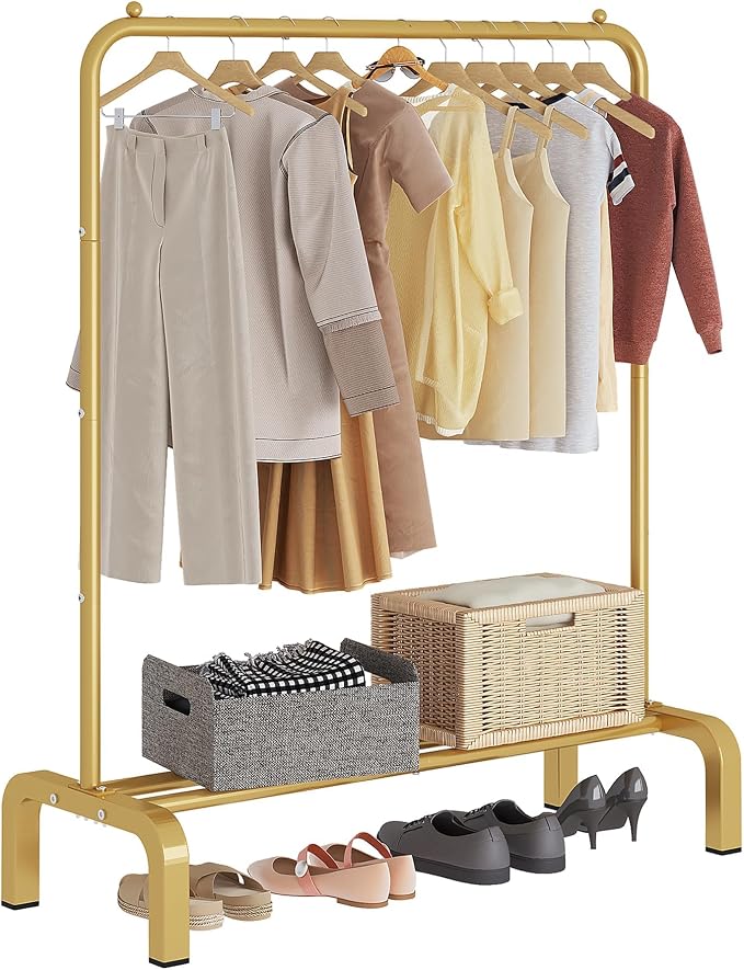 JIUYOTREE Standard Clothes Clothing Garment Rack with Storage Shelves Clothes Organizer for Hanging Clothes Coat Jacket Shirt Sweater Jeans Gold