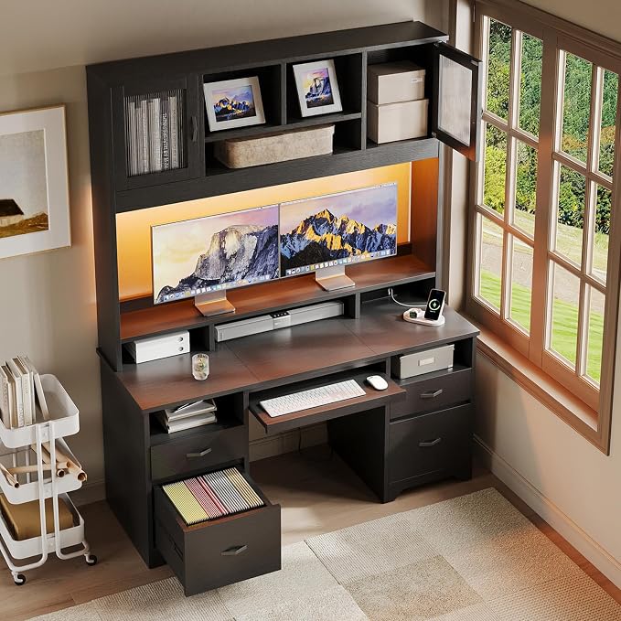 Bestier 77.8" H Computer Desk with Hutch, Charging Station, LED Light,Black | Modern Wood Executive Desk with Drawers, Fluted Storage Cabinet, Keyboard Tray, 59" W Office Desk for Home Office