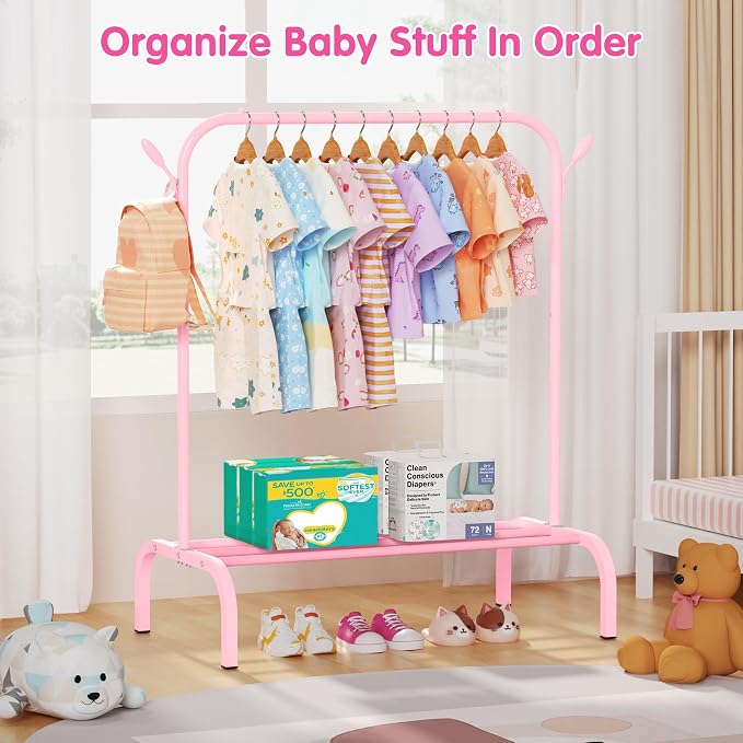 Kids Clothes Rack for Ages 3-6, Montessori Kids Clothing Rack, Pink | Kids Dress up Rack with Bottom Shelf & Side Hooks, Toddler Wardrobe Rack for Bedroom, Playroom, Nursery & Small Room Storage