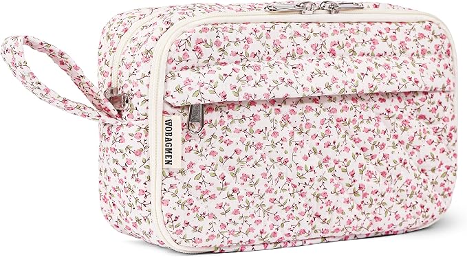 WOBAGMEN Quilted Pencil Pouch, Pink Floral, Girls Women | Large, Compartments, Cute Aesthetic, Organizer, School Supplies