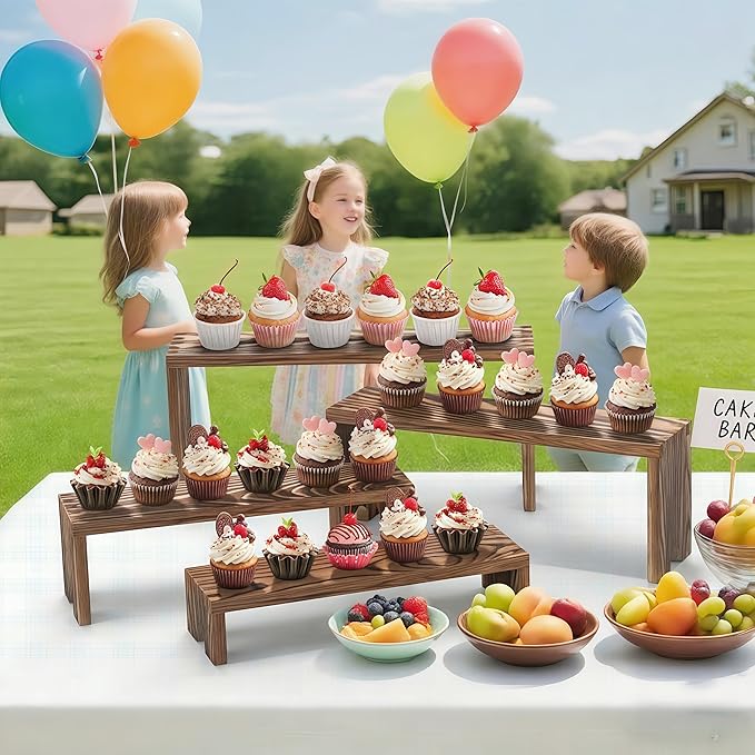 2 Set wood tone Wooden Tiered Display Stands 4 Tier Stackable Pine Wood Display Risers, Suitable for Vendor Events, Cupcake Stands, cake stand Wooden Dessert Table Sets, Vendor Booth Displays,Cosmetic & pantry organizers and storage can organizer, Kitc...