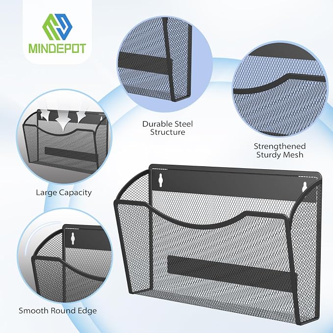 MINDEPOT Magnetic Wall File Holder - Metal Mesh Wall File Organizer with Powerful Magnet Single Pocket Wall Folder Holder for Office File Cabinet Whiteboard, No Assembly Required, Space Saver, Black