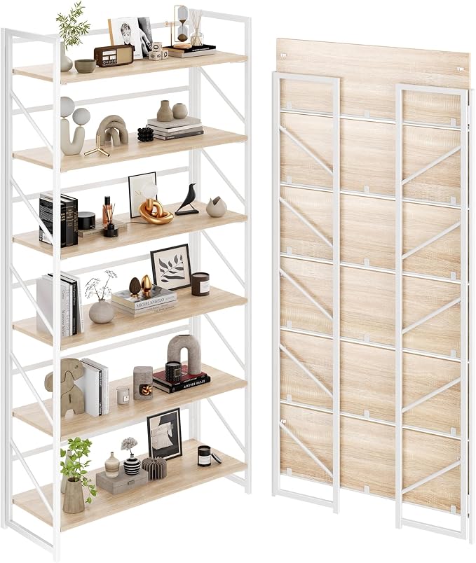JSB 6 Tier No Assembly Folding Bookshelf, 30.7" Wide Foldable Storage Bookcase for Home Office, Space-Saving Storage Shelf for Living Room (White)