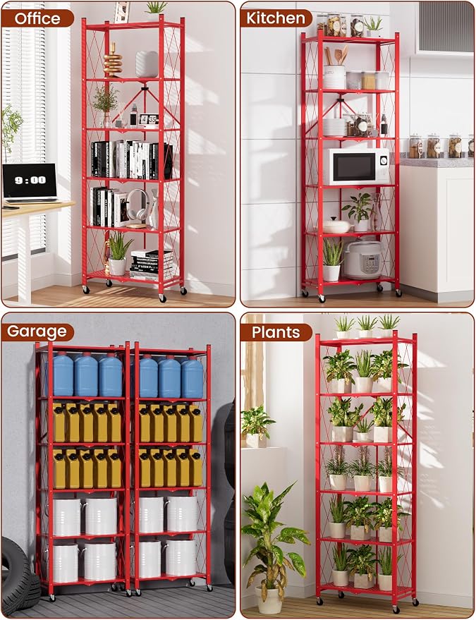 ALANNG 73.6 Inch Folding Bookshelf, 6 Tier Metal Bookcase and Bookshelves | Tall Shelves for Living Room Office Bedroom, Heavy Duty Book Shelve Free Standing Open (Red, 2PACK)