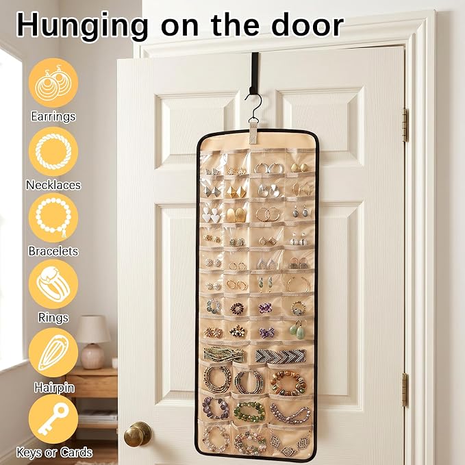 2 Pack Hanging Jewelry Organizer and Storage,Necklace Holder Anti-tangle Earrings Rings Hanger with 43 Pockets 21 Hooks,Double-Sided Jewelry Storage for Closet Door Wall