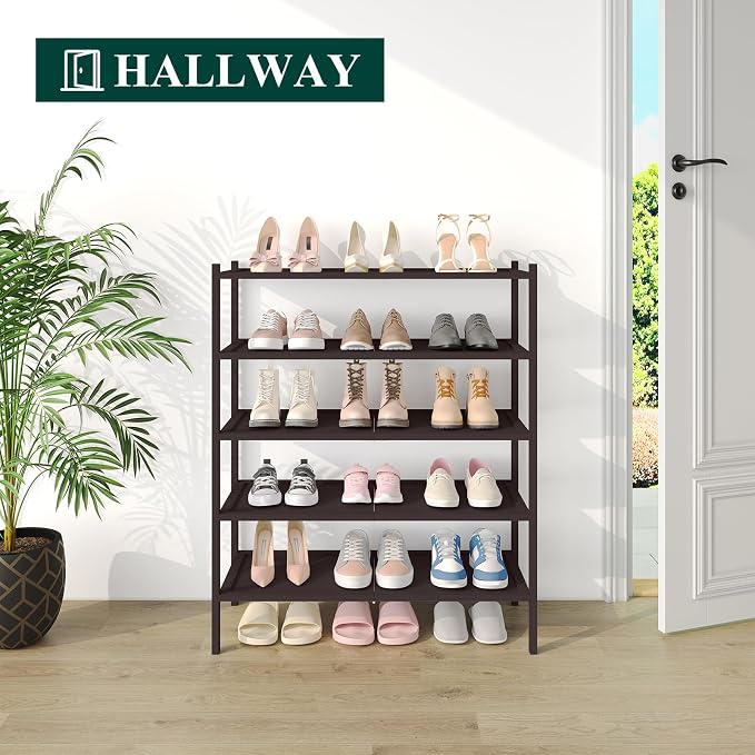 Smiry Bamboo Shoe Rack, 5 Tier Shoe Organizer for Entryway & Closet, Stackable Free Standing Storage Shelf for Shoes, Bags & Plants, Brown